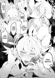 2boys 2d black_and_white blowjob cock cock_sucking comic cum cum_in_mouth dialogue earrings english_text gallagher_(honkai:_star_rail) gloves halo head_grab honkai:_star_rail male male/male male_only messy monochrome naked naked_male osuuwari penis penis_on_face simple_background speech_bubble sunday_(honkai:_star_rail) text text_bubble thick_penis wings wings_on_head yaoi