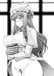 blush book breast_hold breasts breasts_out female hair_ornament hair_ribbon hat highres huge_breasts long_hair monochrome nipples no_bra no_panties no_underwear open_clothes open_skirt patchouli_knowledge pubic_hair puffy_nipples pussy red-rum ribbons skirt solo standing touhou