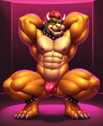 abs ai_generated biceps bowser bulge eristhebot feet furry gay hands_behind_head koopa lizard male_only mammal mario_(series) muscular nipples on_tiptoes pecs reptile scalie seductive smile solo_male spiked_bracelet squatting strip_club thong