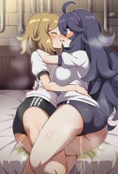 ai_generated big_butt blonde_hair blush closed_eyes fat_ass gym_uniform hex_maniac huge_breasts kissing kissing_cheek large_breasts light-skinned_female light_skin long_hair nintendo peeing pokemon pokemon_xy purple_eyes purple_hair serena_(pokemon) short_hair urine yuri