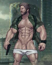 blitzturner bulge jacket jacket_open joel_miller male_only muscle muscles muscular pedro_pascal shirtless tagme the_last_of_us underwear underwear_down veins