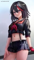 1girls alfarejected artist_name bare_midriff black_hair blue_eyes curvy exposed_midriff female female_only fully_clothed kill_la_kill light-skinned_female light_skin looking_down matoi_ryuuko midriff miniskirt one_glove red_strand_of_hair senketsu short_skirt skirt