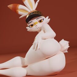 1:1 anthro areola ass breasts female generation_8_pokemon hand_on_leg hand_on_thigh hi_res lagomorph looking_at_viewer mammal meta64dd nintendo nipple_piercing nipples nude piercing pokemon pokemon_(species) presenting presenting_hindquarters scorbunny scorbunny_(valorlynz) sitting solo