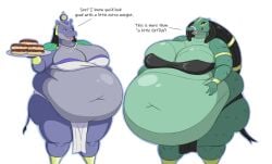 2girls ammit bbw black_clothes black_hair blue_skin breasts_bigger_than_head crocodile crocodile_girl deity dialogue donuts egyptian_clothes egyptian_mythology fat fat_ass fat_belly fat_thighs female goddess green_scales hippo hippopotamus holding_belly holding_tray huge_belly mizz-britt monster mythology nightmare_waifu public_domain scalie ssbbw taweret weight_gain white_clothes