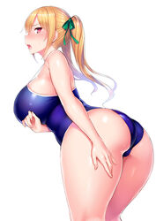 1girls 2020 arm_under_breasts ass back blonde_hair blush breasts competition_school_swimsuit cowboy_shot eyebrows_visible_through_hair female female_focus female_only green_ribbons highres huge_breasts kneepits long_hair looking_at_viewer looking_back one-piece_swimsuit open_mouth original plump red_eyes ribbon simple_background skindentation solo solo_female solo_focus standing sweatdrop swimsuit thighs tsukumiya_amane twintails white_background