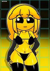 big_eyes bra dexxa geometry_dash hard_(geometry_dash) medium_breasts sfw_version thick_thighs unsure wizard153 yellow_hair yellow_skin