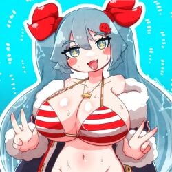 bikini blue_eyes blue_hair bra hatsune_miku huge_breasts looking_at_viewer pov snow_miku swimsuit twintails vocaloid