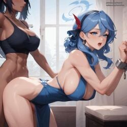 2futas ai_generated ako_(blue_archive) ako_(dress)_(blue_archive) anal blue_archive futa_on_futa futa_with_futa futanari karin_(blue_archive) pasart standing standing_sex