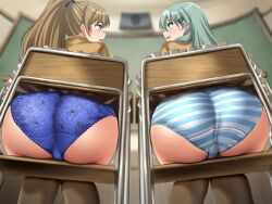 2girls absurdres ass blue_panties brown_hair brown_skirt brown_thighhighs chair classroom floral_print frilled_skirt frills from_behind green_eyes green_hair hair_ornament hairclip highres indoors kantai_collection kumano_(kantai_collection) kumano_kai_ni_(kantai_collection) long_hair miniskirt multiple_girls panties ponytail school_chair school_uniform sitting skirt striped_clothes striped_panties suzuya_(kantai_collection) suzuya_kai_ni_(kantai_collection) thighhighs underwear variant_set zanntetu