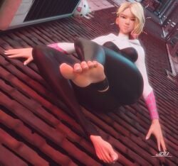 1girls 3d 3d_(artwork) asymmetrical_hair barefoot big_feet blonde_hair blonde_hair_female blue_eyes blue_eyes_female clothing cute feet feet_focus feet_up female foot_fetish ghost_spider gwen_stacy jdv long_legs long_toenails long_toes looking_at_viewer marvel outdoors outside presenting_feet short_hair smile smiling_at_viewer soles solo solo_female spider-gwen spider-man:_into_the_spider-verse spider-man_(series) stirrup_legwear toeless_legwear toes