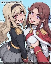 2futas 2girls :p ai_generated bangs blonde_hair blue_sky blush breast_grab breasts brown_hair cockquette day eyebrows_visible_through_hair fur-trimmed_jacket fur_trim futanari futanari grabbing grey_skirt hair_between_eyes hair_ornament hairband hairclip jacket jacket_on_shoulders long_hair looking_at_viewer medium_breasts multiple_girls open_mouth pink_eyes pleated_skirt pom_pom_(clothes) purple_eyes skirt sky smile tagme tongue tongue_out