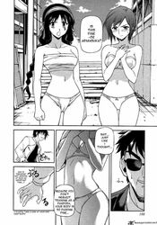 2boys 2girls angry aoi_kazuya bandage bare_shoulders blush bra braid breasts cleavage clothing comic covering embarrassed english freezing freezing_(series) fundoshi hairband hiiragi_kaho lingerie long_hair manga midriff monochrome navel open_mouth panties rana_linchen sarashi short_hair shy smile speech_bubble strapless strapless_bra sunglasses tubetop twin_braids