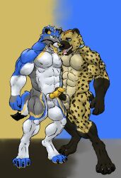 absurd_res anthro bodily_fluids duo erection genital_fluids hi_res hybrid hyena knot lancethewereyena male male/male mammal musclegut muscular precum rags_wox saliva