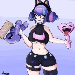 big_breasts big_penis big_thighs brawl_stars earphones melodie_(brawl_stars) melodie_idol melodie_note_(brawl_stars) part_1_of_2 penis penis_in_hand short text violet_hair