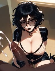 1girls ai_generated artstyle_imitation ass big_breasts big_penis black_clothing black_crop_top black_hair breasts brown_eyes choker crop_top cum_on_hand dark-skinned_male dominant_female domination dominatrix ejaculation eyelashes eyeshadow fishnet_bra fishnets glasses good_boy goth goth_girl goth_slut gothic handjob hands_on_penis high_heels indoors kneeling kneeling_oral_position leather leather_clothing leather_corset leather_gloves leather_pants leather_topwear light-skinned_female messy messy_hair mommy mommy_dom naughty naughty_face nerd nipples_covered olie pale-skinned_female pov pov_eye_contact round_glasses seductive seductive_look short_hair short_shorts stockings street submissive_male sunglasses tank_top thiccwithaq_(ai_style) thick_ass thick_legs thick_lips thick_thighs thighhighs thighs tight_clothing tinted_eyewear veiny_penis wavy_hair xandr