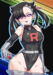 1girls black_hair black_leotard breasts choker dark_hair earrings elbow_gloves enemy_conversion female gloves green_eyes hair_ribbon highleg highleg_leotard holding_pokeball hypnosis large_breasts leotard light-skinned_female light_skin lipstick looking_at_viewer makeup marnie_(pokemon) medium_hair mind_control nintendo nipples nipples_visible_through_clothing no0o0n0o0on pale_skin pink_eyes pokeball pokemon pokemon_ss purple_lipstick solo straight_hair team_rocket team_rocket_uniform thighhighs twintails