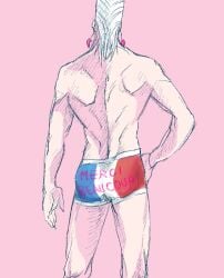 1boy ass back_view broken_heart_earrings cake earrings french_flag french_text hand_on_waist jean_pierre_polnareff jojo's_bizarre_adventure male_focus male_only muscular muscular_male semi_nude silver_hair stardust_crusaders underwear underwear_only