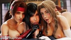 aerith_gainsborough black_hair blowjob blowjob_face blowjob_pov brown_eyes brown_hair busty cleavage cloud_strife final_fantasy final_fantasy_vii final_fantasy_vii_remake foursome gloves green_eyes handjob_while_sucking jessie_rasberry kanjiartwork kanjihentai latex latex_gloves long_hair looking_at_viewer ponytail pov pov_eye_contact pov_male red_eyes tifa_lockhart