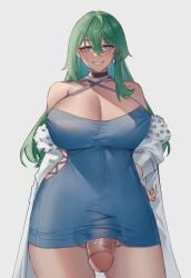 1futa balls big_breasts big_penis bottomless breasts character_request cleavage clothed clothing dress flaccid futa_only futanari green_hair hi_res huge_breasts human light-skinned_futanari light_skin long_hair milephunter mostly_clothed penis solo standing