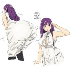 big_ass big_breasts chubby chubby_female clothed clothing crullet curvy dialogue english_text erect_nipples fern_(sousou_no_frieren) purple_eyes purple_hair sousou_no_frieren sweat sweatdrop sweating sweaty sweaty_body