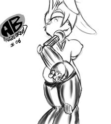 1girls angelbreed anthro ass back breasts bunnie_rabbot cyborg female female_only furry hair lagomorph looking_at_viewer looking_back monochrome nipples nude open_mouth pussy rabbit sega sketch solo sonic_(series) text