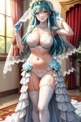 1girls 2024 ai_generated blue_eyes blush bra breasts clothing eirika_(fire_emblem) female female_only fire_emblem fire_emblem:_the_sacred_stones human human_female human_only legs_together long_hair matching_underwear nai_diffusion nintendo panties smile solo solo_female stable_diffusion stockings thighhighs wedding wedding_dress white_bra white_legwear white_panties white_thighhighs wide_hips