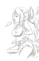 angel breasts breasts_out closed_eyes drawn goddess ice_cream ilias large_breasts licking long_hair monochrome monster_girl_quest motion_blur nipples pointy_ears wings