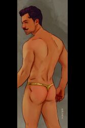 1boy 2024 artist_name artist_signature ass back bara beard_stubble black_hair dark-skinned_male dark_hair dark_skin dorian_pavus dragon_age dragon_age_inquisition facial_hair from_behind from_behind_position gay_male kauriart mage male male_only masculine moustache solo solo_male standing standing_position stubble thong underwear video_games