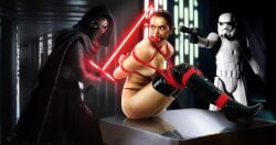 ap0cd1gg1t arms_tied_behind_back ball_gag bondage bound breasts daisy_ridley gag gagged kylo_ren lightsaber male naked naked_female photoshop rey rope rope_bondage star_wars stormtrooper