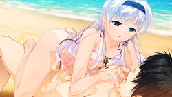 2boys after_sex aogiri_penta beach bikini blush crossdressing cum cumdrip femboy frottage fujikiri_nao josou_kaikyou lotion male male_only nipple_rub nipples ocean penis trap white_hair yaoi