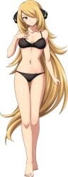 1girls absurd_res barefoot black_bra black_panties blonde_hair blush bra breasts cleavage clothing contrapposto creatures_(company) cynthia_(pokemon) feet female full_body game_cg game_freak grey_eyes hair_over_one_eye hi_res lace-trimmed_bra legs_together lingerie long_hair looking_at_viewer matching_underwear medium_breasts navel oni-sanart panties pokemon pokemon_(game) pokemon_dppt rigaeru simple_background smile solo standing thigh_gap transparent_background very_long_hair