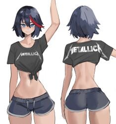 1girls alternate_costume ass band_logo black_hair black_shirt blue_shorts breasts collarbone cowboy_shot crop_top cuaaaaack from_behind kill_la_kill light_smile looking_at_viewer matoi_ryuuko medium_breasts metallica midriff multiple_views navel red_highlights short_hair short_shorts short_sleeves simple_background streaked_hair tefiblum two_tone_hair upper_body white_background