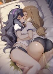 ai_generated big_breasts big_butt blonde_hair blush fat_ass gym_uniform hex_maniac huge_breasts in_search_of_holy_water kissing large_breasts lesbian_kiss light-skinned_female light_skin long_hair nintendo peeing pokemon pokemon_xy purple_hair serena_(pokemon) thick_thighs thighs urine yuri