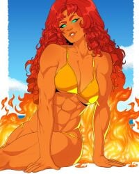 1girls big_breasts bikini cleavage dc dc_comics dylan_macri firey_hair gold_bikini green_eyes koriand'r muscular muscular_abs muscular_arms muscular_female orange_skin red_hair starfire starfire_(comics) swimsuit teen_titans