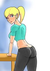 ass blonde_hair blue_eyes breasts butt_crack clothed cosplay female female_only from_behind highres human looking_back metroid nintendo ponytail samus_aran sketch skin_tight solo super_smash_bros. table tied_hair wii_fit wii_fit_trainer wulfsaga yoga_pants