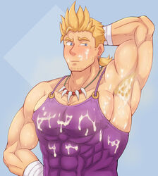 abs armpit bara biore_(artist) blonde_hair blush body_hair cum cum_on_body male male_only muscle pecs solo solo_focus sweat yaoi