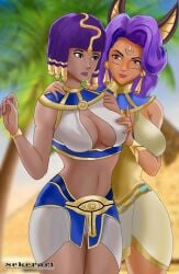 blue_hair egyptian egyptian_clothes egyptian_clothing egyptian_female esmeralda_(mobile_legends) jewelry lesbian_couple mobile_legends mobile_legends:_bang_bang rafaela_(mobile_legends) sekerart yuri