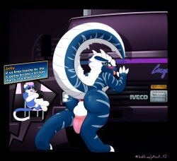 absurd_res ambiguous_gender anthro ass big_butt blue_body blue_fur blue_scales camera clothing director's_chair domestic_cat dragon duo english_text felid feline felis ford ford_cargo fur genitals hat headgear headwear hi_res iveco iveco_ford jetta_(jettacat) jettacat male male/ambiguous mammal meta_humor mythological_creature mythological_scalie mythology nikon penis photo_shoot pink_clothing pink_hat pink_headwear presenting presenting_hindquarters raised_tail scales scalie spread_butt spreading studio tail text thong truck underwear vehicle white_body white_fur white_scales