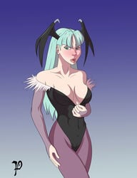 cleavage clothing darkstalkers female green_eyes green_hair head_wings long_hair morrigan_aensland prominence small_breasts solo stare succubus vampire