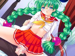 alice_soft blue_eyes blush braid breasts cum cum_in_pussy eyes galzoo_island glasses green_hair hair kotodama mutsumi_masato open_mouth school_uniform sex twin_braids vaginal_penetration