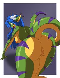 anthro anus areola ass blue_hair breasts clitoris close-up edit female flower gecko geecku green_body hair large_breasts las_lindas lizard long_hair looking_at_viewer looking_back nipples nude open_mouth pose pussy reptile scalie smile solo stripes tail tongue tongue_out uncensored yellow_body yellow_eyes