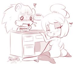 2013 2d animal_crossing anthro anus breasts canine collar cum_bowl dog female fur furry hearlesssoul hedgehog interspecies isabelle_(animal_crossing) leash mammal monochrome nintendo nipples nude office_lady petplay pussy tagme tongue tongue_out