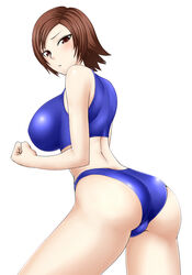 ass back blue_bra blue_panties blush bra breasts brown_eyes brown_hair cameltoe clenched_fist clothes do_konjouuo female hair kazama_asuka large_ass large_breasts looking_back looking_over_shoulder midriff namco panties simple_background solo sports_bra tekken thighs tight_clothes underwear white_background