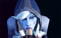 1boy 3d animated black_background blue_skin clothing dota_2 drow_ranger fellatio female fugtrup hair hood long_hair oral oral_sex penis simple_background source_filmmaker tattoo traxex white_hair