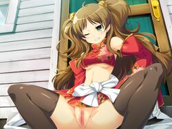 black_legwear blush breasts brown_hair censored chinese_clothes clenched_teeth drapeko! female game_cg green_eyes highres legs long_hair no_panties pussy sitting spread_legs thighs tied_hair twintails wavy_hair wince yaegashi_nan