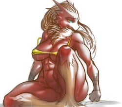 bikini blaziken blue_eyes bottomless clothes female l1zardman muscles nintendo pokemon pokemon_(species) pussy solo sweat thick_thighs tight_clothes video_games wide_hips