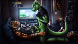 2boys anthro blue_eyes clothing dragon dream_and_nightmare feline furry gay male no_humans penis precum shirt shirt_lift teren tiger video_games while_playing_videogame