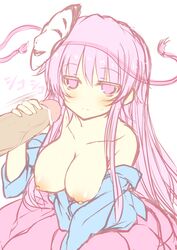 blush breasts censored expressionless female handjob hata_no_kokoro kokoro_hata kusano_(torisukerabasu) large_breasts long_hair long_sleeves looking_at_viewer mask nipples noh_mask off_shoulder open_clothes open_shirt penis pink_eyes pink_hair sketch touhou