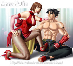 1boy 1girls anna_williams asian big_breasts black_hair blood bob_cut breasts brown_hair china_dress chinese_clothes cleavage dress female femdom high_heels interracial jin_kazama kazama_jin muscular namco red_china_dress red_dress smile spiked_hair tekken torn_clothes