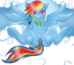 2013 blue_fur equine female feral friendship_is_magic fur hair horse looking_at_viewer mrsred multicolored_hair my_little_pony pegasus pony purple_eyes pussy rainbow_dash_(mlp) solo spread_legs spreading wings